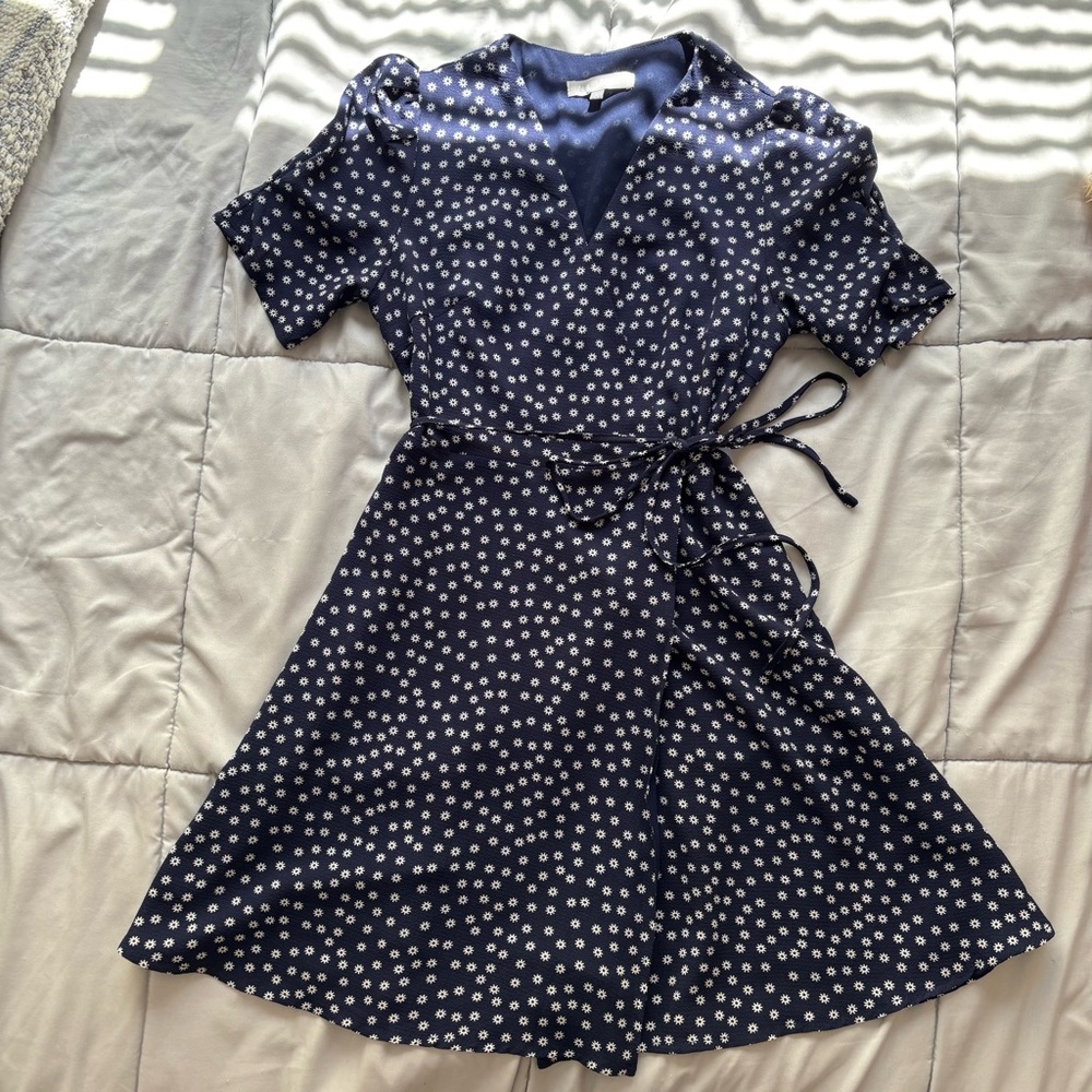 Navy Blue Puff Sleeve Wrap Dress